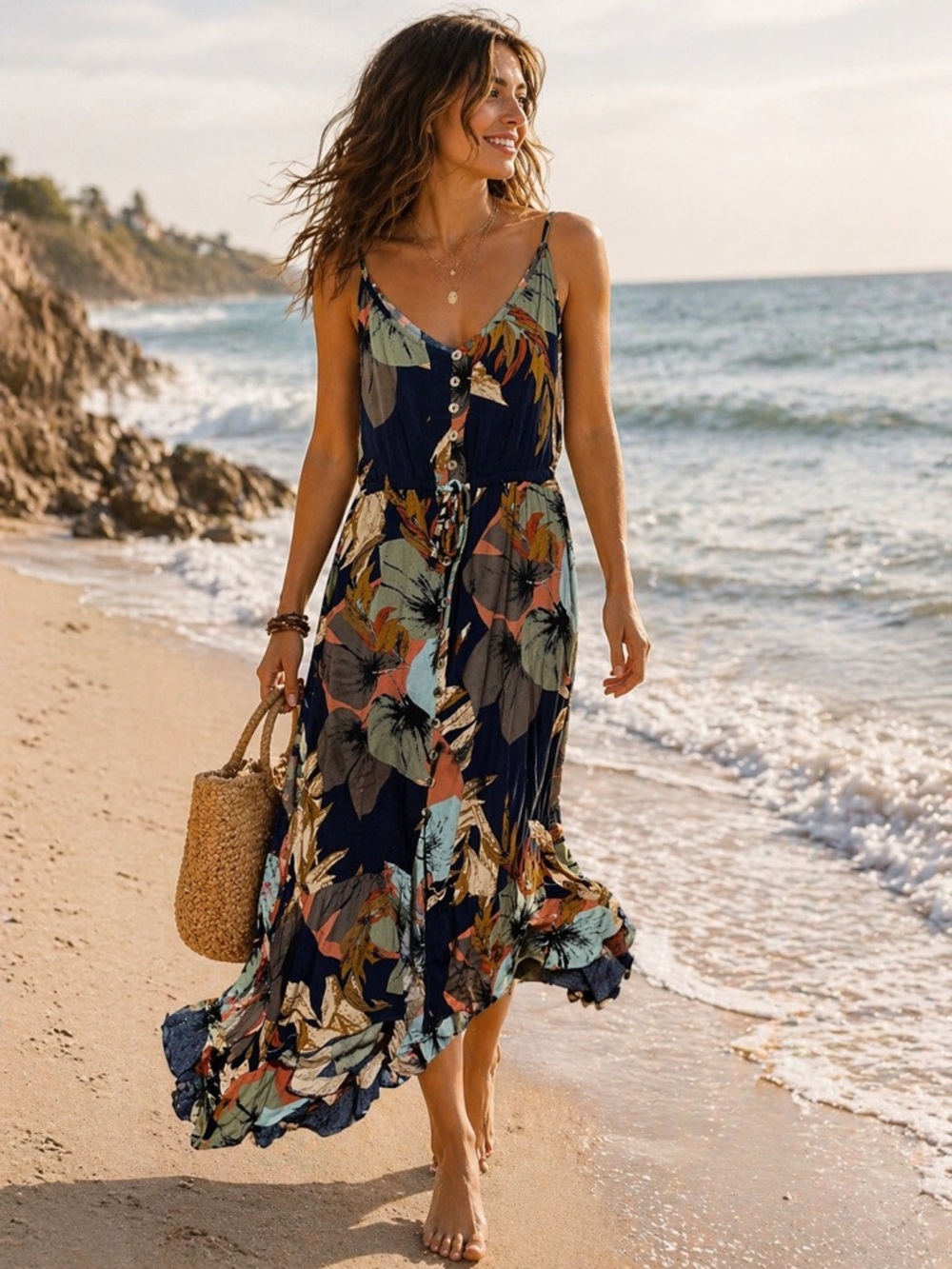 Brovave Boho Tropical Maxi Dress Button Front Tie Waist Viscose L